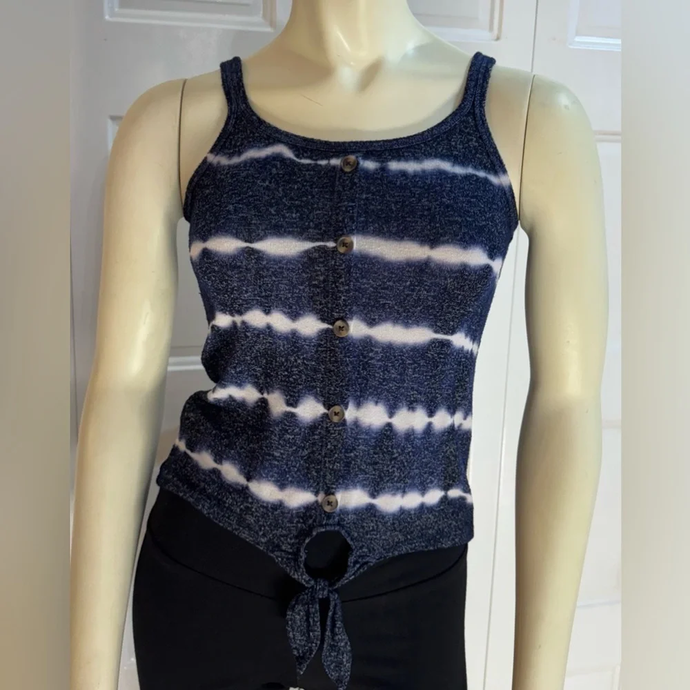 Justice Girls Navy Blue Tie-Dye Button Front Tank Top w/ Tie Hem EUC | Size 8